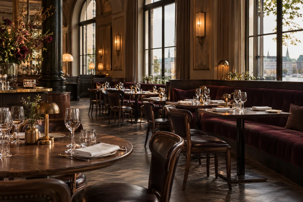 Stilvoll eingedeckte Brasserie mit warmem Licht und Blick durch hohe Fenster